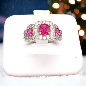 Zales Silver Ring with Vibrant Pink Gems